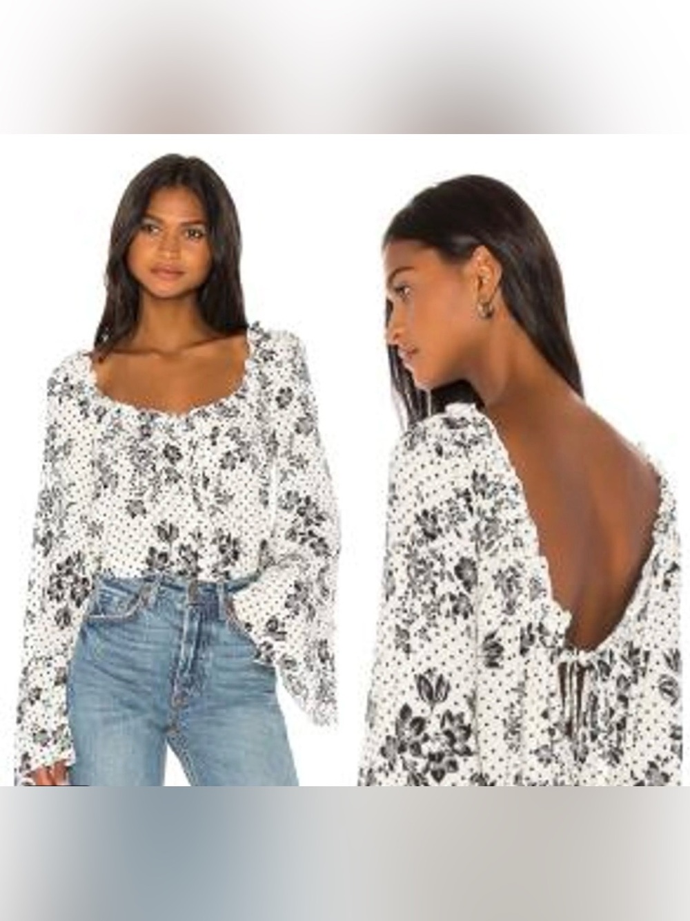 White Floral-Print Peasant Blouse/bodysuit with Tie Neck